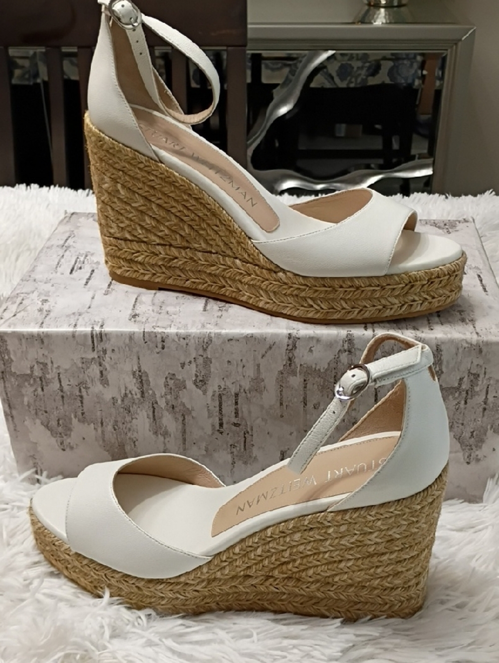 New Stuart Weitzman Off White  Espadrille Wedge Sandals with Ankle Strap 9.5